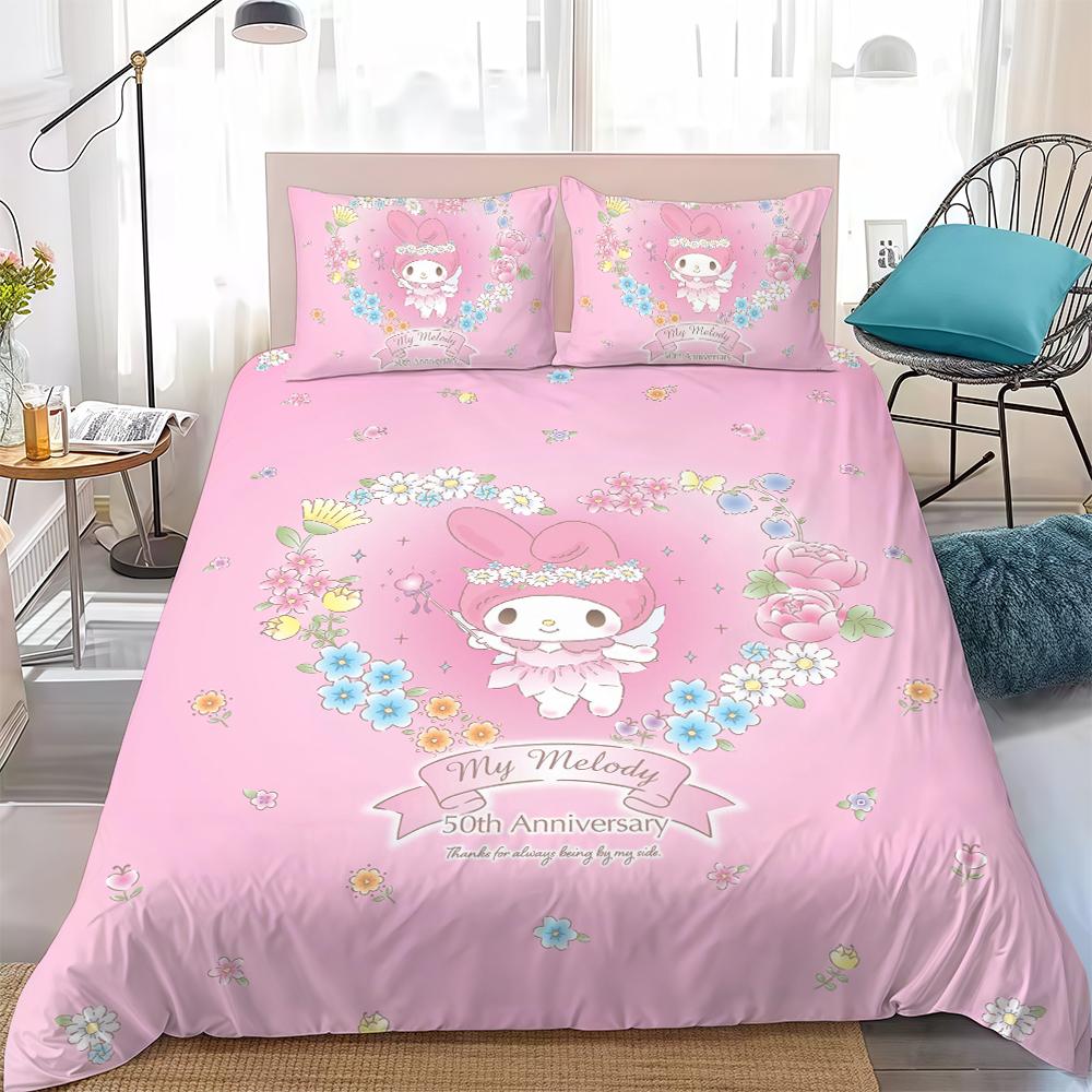 Kawaii My M-Melody Duvet Cover Set Home Style Bedding Soft Laundry Cotton Bed 3 Piece Set Student Dormitory Gift