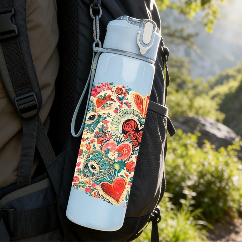 1PC Heart Floral Patchwork Quilt Print 750ml Color Plastic Sports Water Bottle Leakproof Flip Straw Lid Suitable for Sports Office Home Use