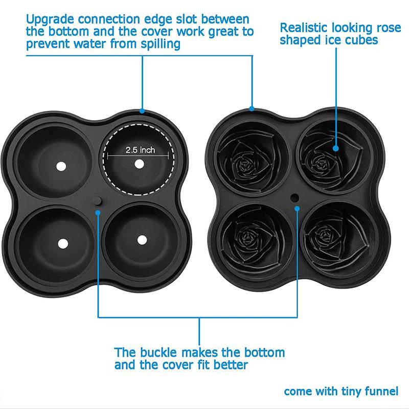 Ice Cube Tray, 2.5 Inch Rose Ice Cube Trays, 4 Cavity Silicone Rose Ice Ball Maker Mold, Easy Release Large Ice Cube Mold