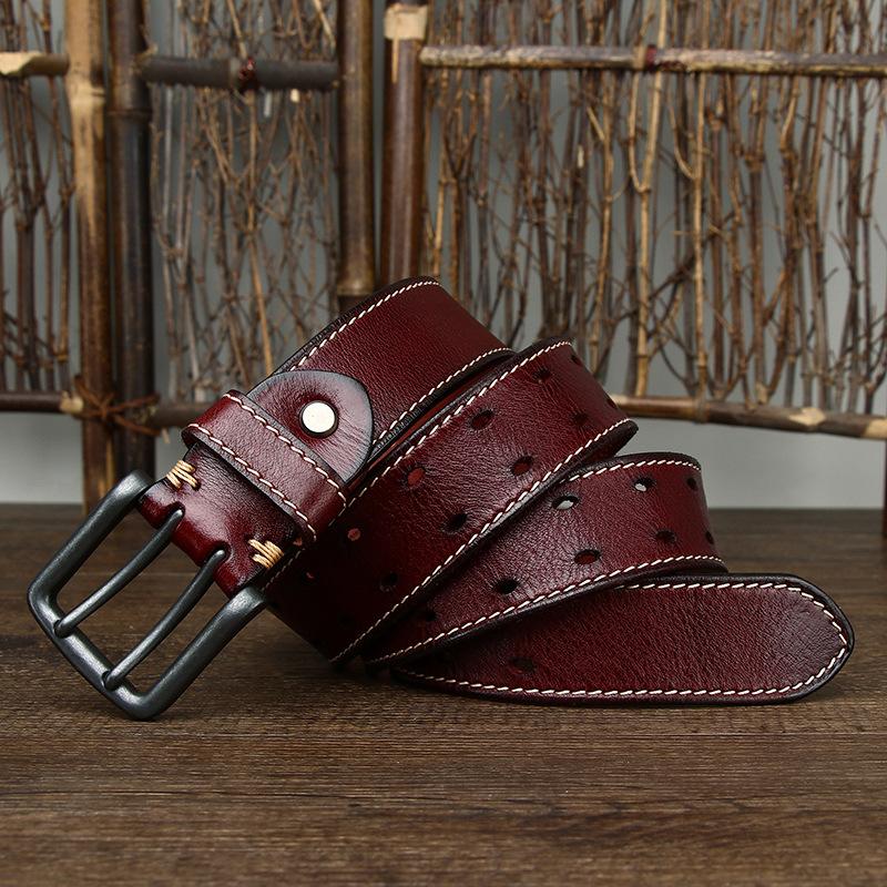 Belt Men's Retro Trendy All-Match Italian First Layer Cowhide Double Pin Buckle Genuine Leather Jeans Belt