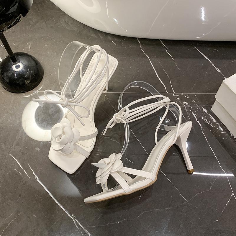 Fashion 2025 New Women's Head Sandals Flower Line with Thin Belt High-heeled Sandals