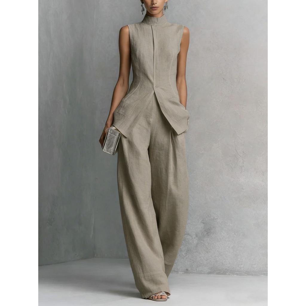 Completo Due Pezzi da Donna a Vestibilità Larga Top Blusa Senza Maniche con Collo Alto Pantaloni a Gamba Larga Vita Alta