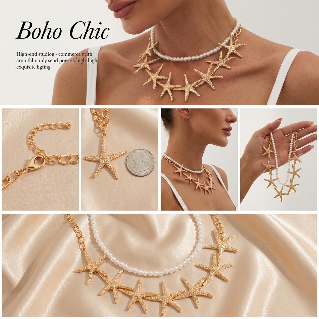 Exaggerated Starfish Chain Necklace for Women Bohemian Imitation Pearl Double Layer Choker Trendy Beach Party Vacation Jewelry
