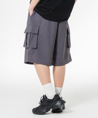 MOZMOZ Linen Blend Single-Pleat Cargo Wide Shorts Charcoal