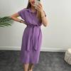 Women's Fashion Summer Spring Solid Color Print Short Sleeve POLO Neck High Waist Casual Dresses