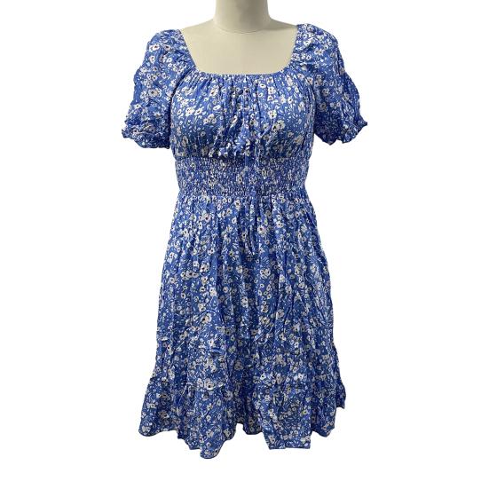 Women's Short Sleeve Summer Dress Square Neck Boho Floral Smocked Swing Dress A-Line Flowy Ruffle Beach Sundress