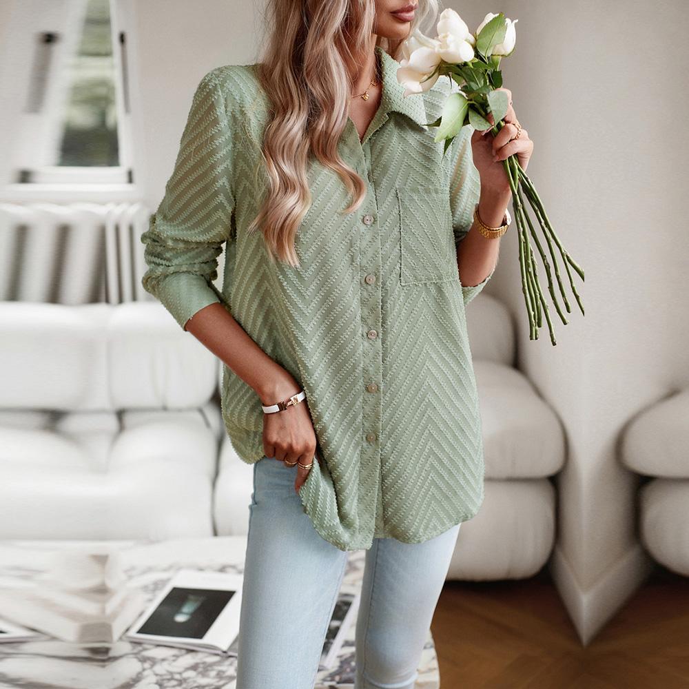 Женские осенние однобортные жаккардовые рубашки с длинными рукавами и воротником — фото 7