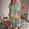 Women's V Neck Short Sleeve Geometric Print Mini Dress Loose Waist Elegant A Line Shirt Dress