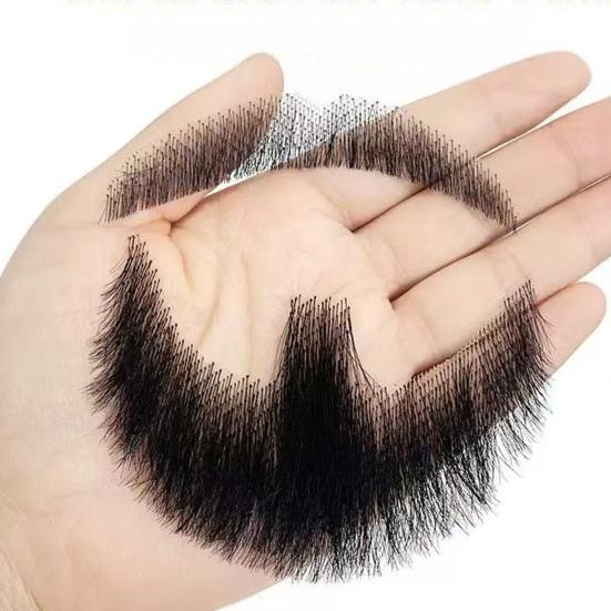 2Pcs Fake Beard Goatee Mustache Handmade Invisible Lace Facial Hair False Goatee Beard Halloween Dressing Men Makeup Drama Party Movie Prop