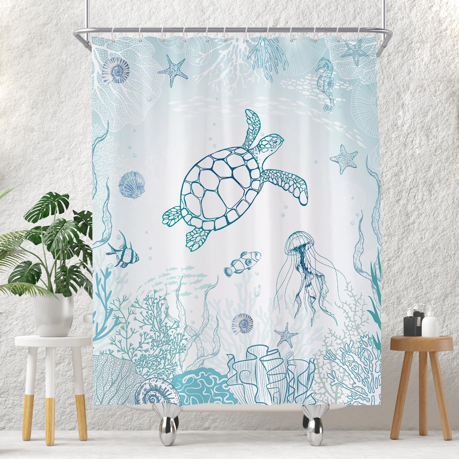 

Blue Sea Turtle And Jellyfish Pattern Waterproof Shower Curtain 180X200Cm - Ocean Life Print Bath Curtain For Kids Room Decor W60H190(CM)-1 Pcs