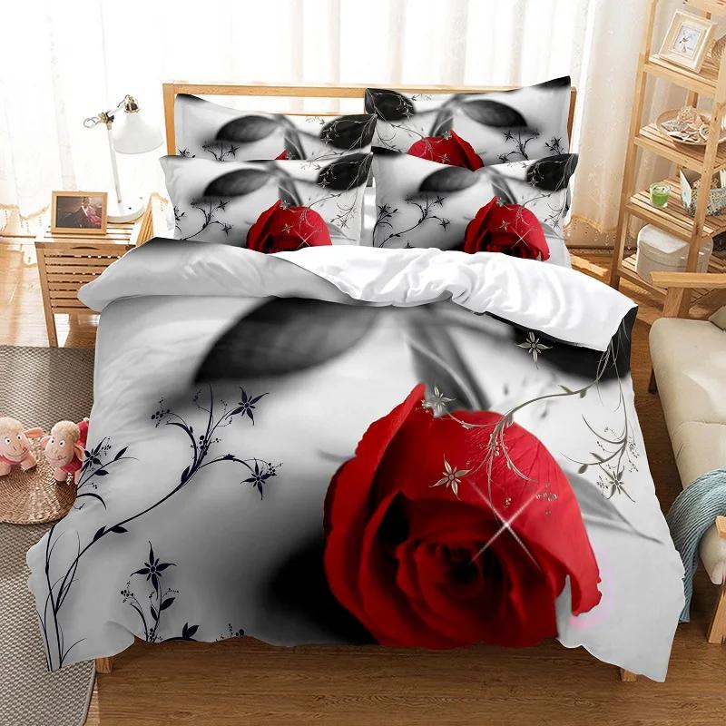 Comforter Red Rose Twin King Size Romantic Floral Bedding Set Flower Comforter With 2 For Valentine'S Day