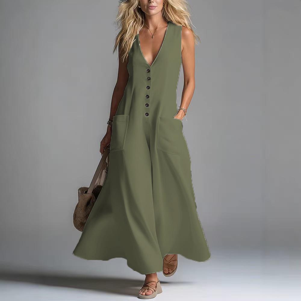2026 Euro-American Deep V-Neck Sleeveless Pocket Long Dress