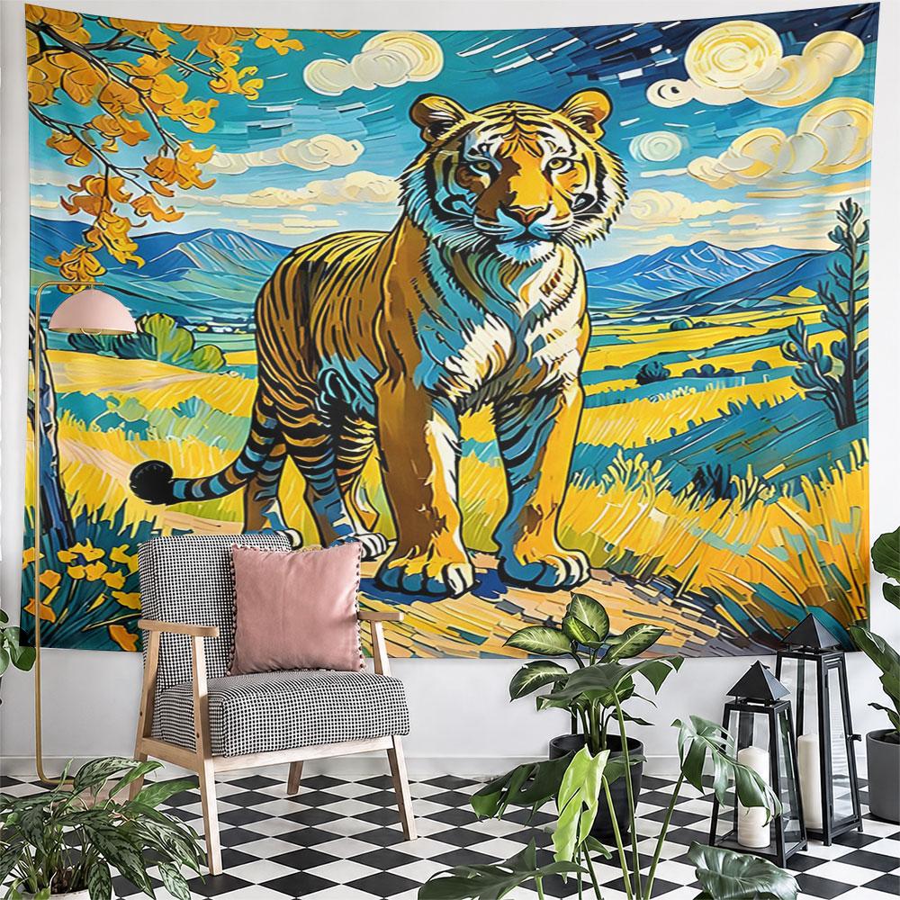 Colorful Tiger in Vibrant Landscape Painting Pattern Wall Hanging Tapestry Decorative Tapestry Home Decor for Bedroom and Living Room