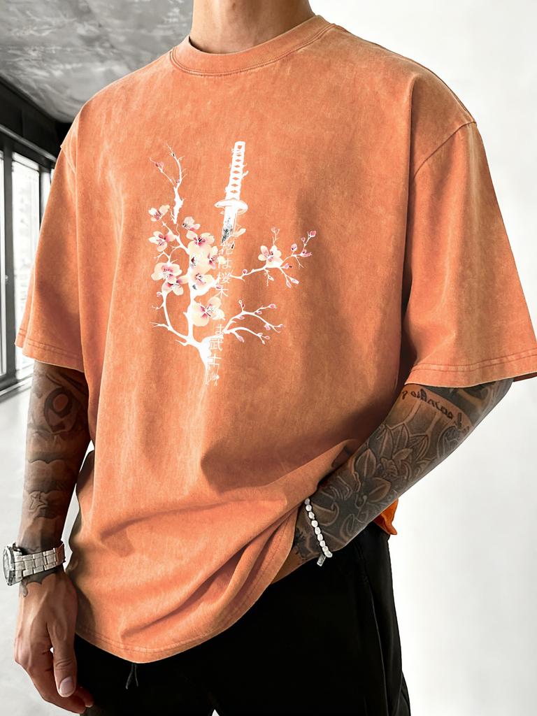 Japanese Cherry Blossom Sword Print Mens Washed TShirt Summer Cotton Short Sleeve Sport Running T Shirt Casual Loose Top