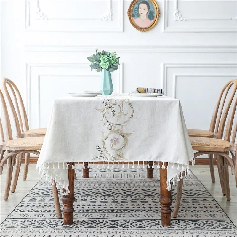 Floral Embroidery Tassel Tablecloth, Cotton Linen, Dust Proof Table Cover, Kitchen, Dining Room,Home Party, Tabletop Decor