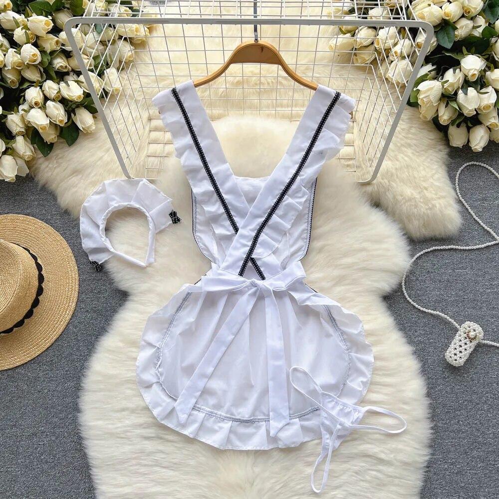 Sweet Bow Ruffles Erotic Pajams Dress Women A-line Sheath Short Tank Top Night Dress Cosplay Sexy Lingerie Nightwear