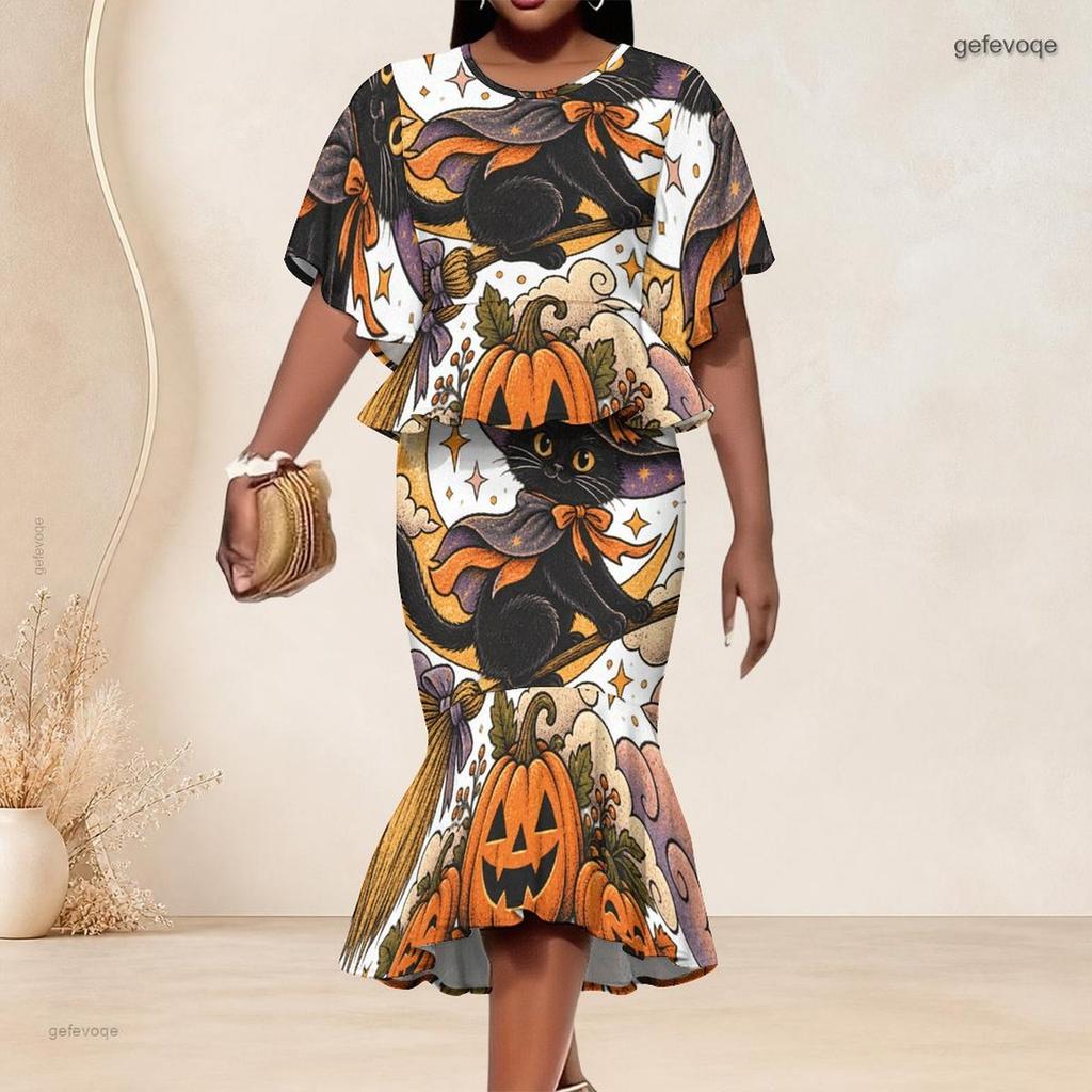 Women Plus Size Round Neck Batwing Sleeve Ruffle Hem Top Fishtail Skirt Halloween Printed Two Piece Set