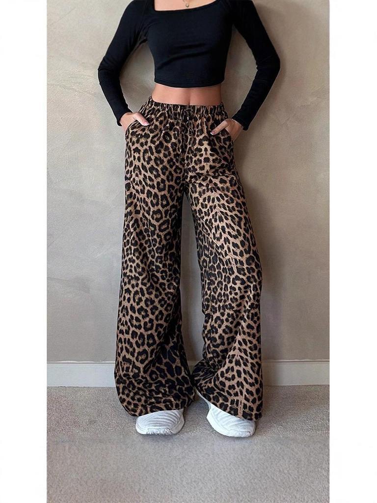 Leopard Print Elastic Waist Casual Loose Straight Pants for Spring and Autumn