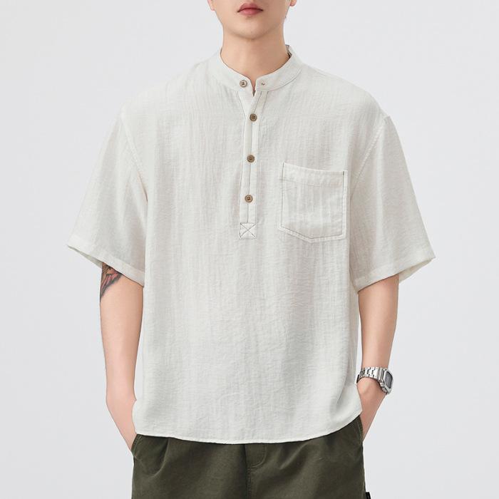 Summer Cotton and Linen Shirt Japanese Retro Men's Short-sleeved Shirt American Trendy Mid-sleeved