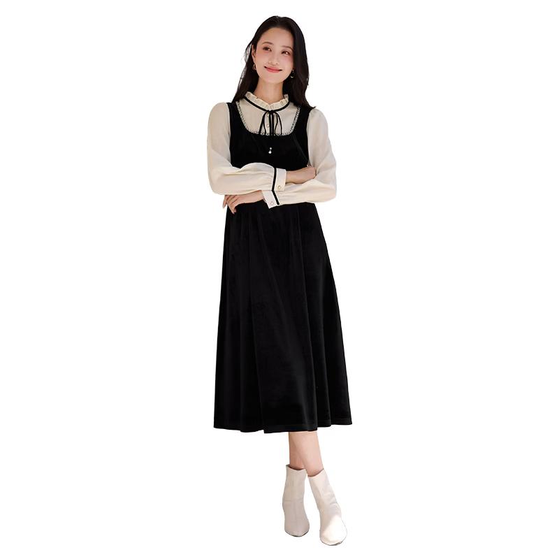 Xiangying Women s Hepburn Style Velvet Tie-Neck Midi Dress S