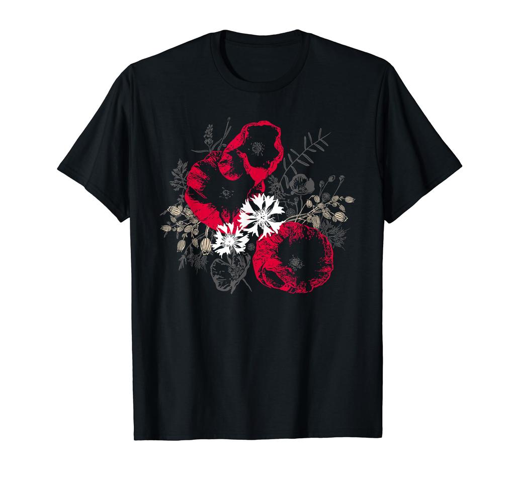 Cornflower and poppy summer flower botanical art T-shirt