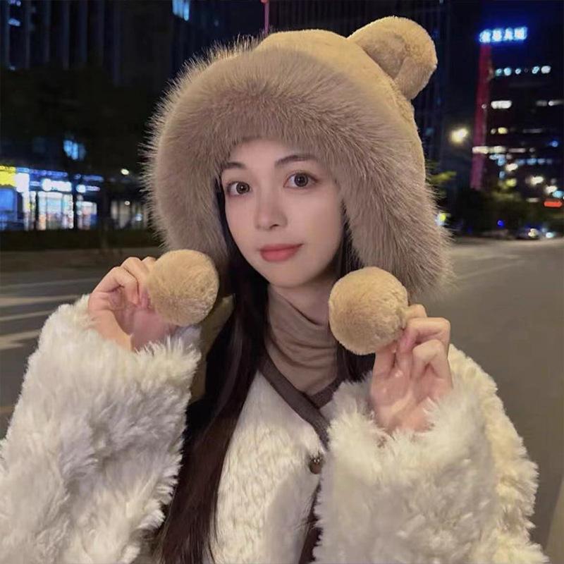 Lei Feng Hat Cold Proof and Warm Plush Bear Hat  Scarf One Piece Hat  Winter Scarf Two Piece Set Cycling One Piece Hat
