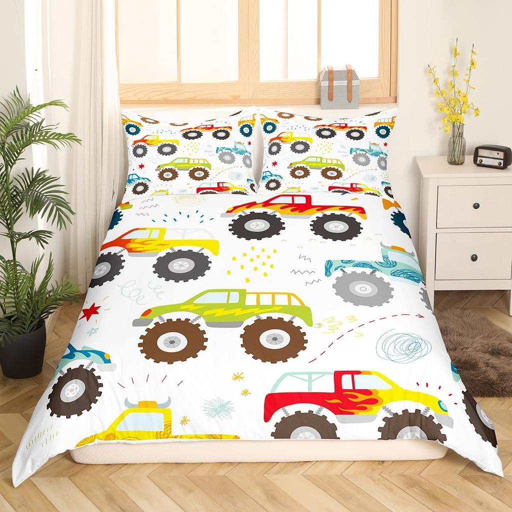 Cartoon Car King Queen Duvet Cover Colorful Transportations Bedding Set Cute Truck Train Sailboat Rocket Polyester Quilt Cover
