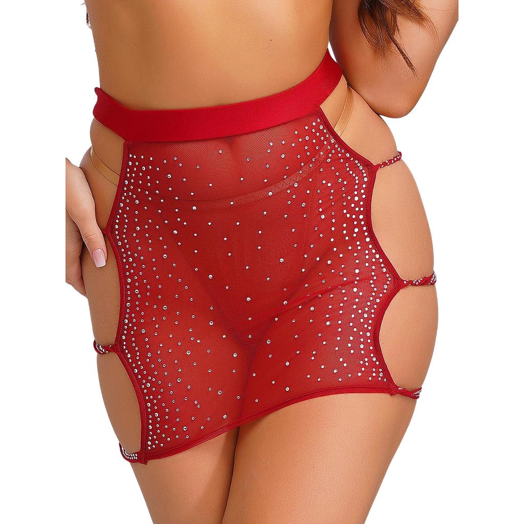 Womens Sparkly Rhinestone Mesh Miniskirt Elastic Waist Side Cutouts Bodycon Design See Through Club Skirt