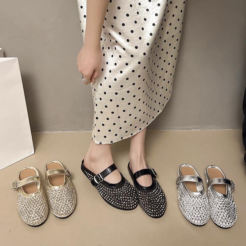 Premium sense rhinestone Mary Jane bag head half slippers women's 2025 new summer wear half tray single shoes French sandals