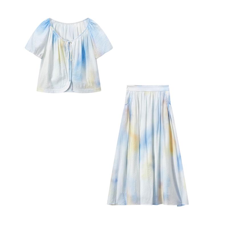 Xiangying Women s Blue Tie-Dye Loose Shirt & Skirt Set S
