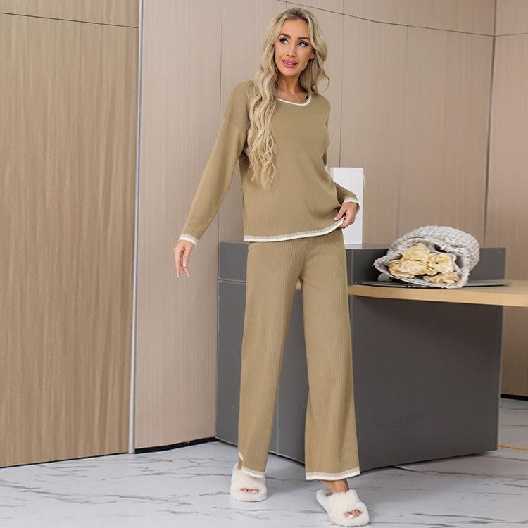 

Вязаный повседневный костюм осень-зима новый контрастный цвет с длинными рукавами модный женский костюм-двойка One size верблюд