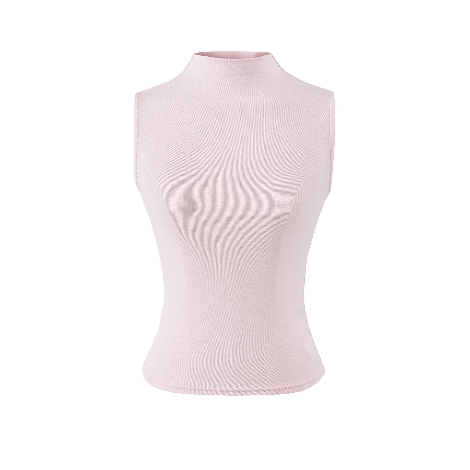 

Elegant Sleeveless Half-High Collar White Slim-Fit T-Shirt for Women Large рожевий