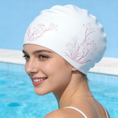 Womens Lotus Pattern Silicone Swim Cap Waterproof Unbreakable Design Long Hair Friendly With Ear Protection Soft Material