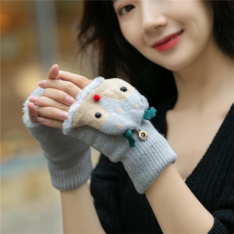 Children's Winter Cartoon Reindeer Flip-Top Half-Finger Gloves, Ages 4-10, Boys & Girls, Plus Velvet, Thick Cotton, Warm.