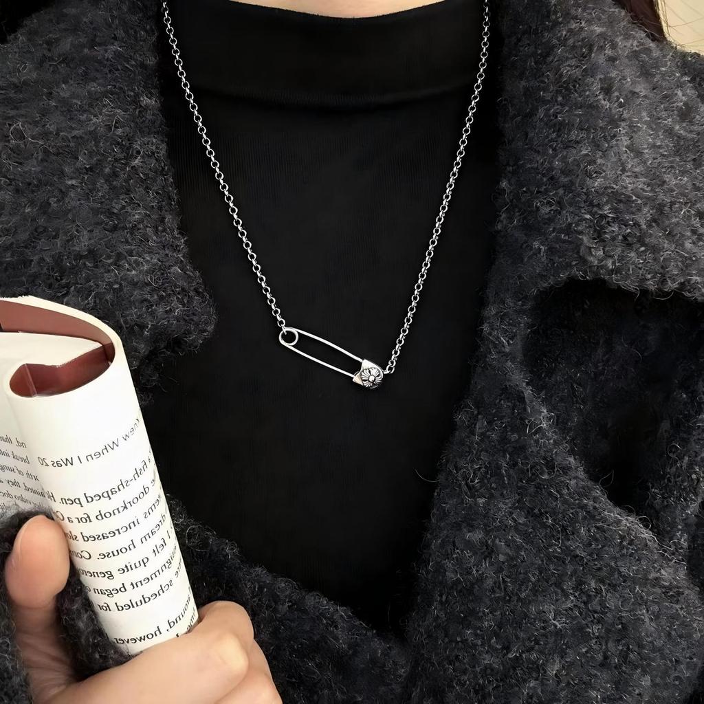 Sterling Silver Cross Flower Brooch Necklace, Unisex Trendy O-Shaped Sweater Chain with Universal Clasp