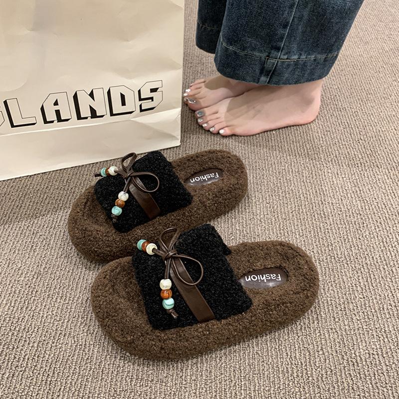 

Roll thick-soled fluffy slippers outer wear 2025 autumn and winter new belt buckle bow home plush cotton slippers 40 чёрный