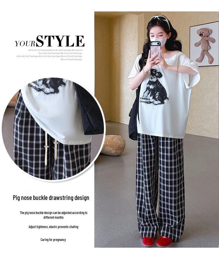 2026 Summer Maternity Set: Loose One-Shoulder Cotton Tee + Plaid Pants