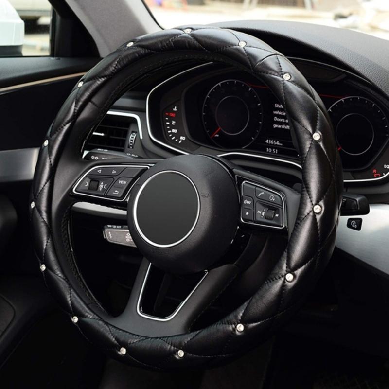 Leather Steering Wheel Cover Featurings Sparkling Rhinestones Studs for Enhanced Driving Comfort and Antislip