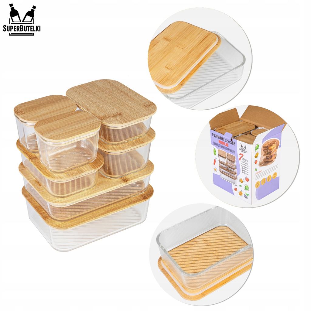MODULARNE szklane pojemniki (7 szt) - 2x 310 ml + 2x 520 ml + 1x 750 ml + 1x 1200 ml + 1x 1700 ml z bambusowymi pokrywkami