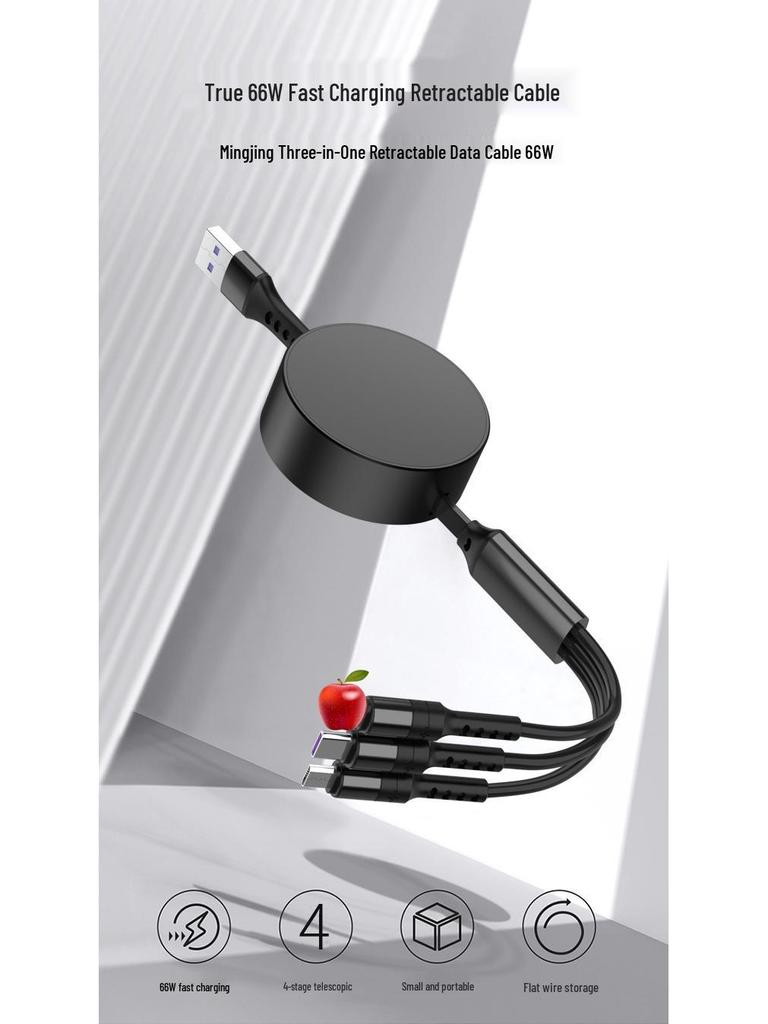 6A Retractable Multi-Device Super Fast Charging Cable with Three Connectors - Customizable Logo Option