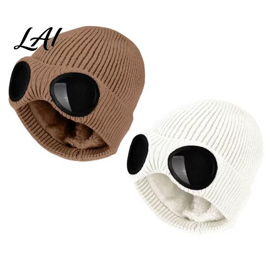 Fashionable Costume Hat for Parties 2Pcs Fleece Lined Hats with Goggles Warm Winter Knit Acrylic Hats Windproof Skiing Caps Men Women Cycling Hiking