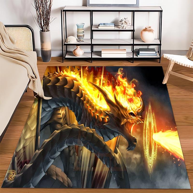Fiery Dragon Artwork Printed Carpet with Flame Graphic Design in Fantasy Style Suitable for use as an anti-slip1 for1room and bedroom sofas