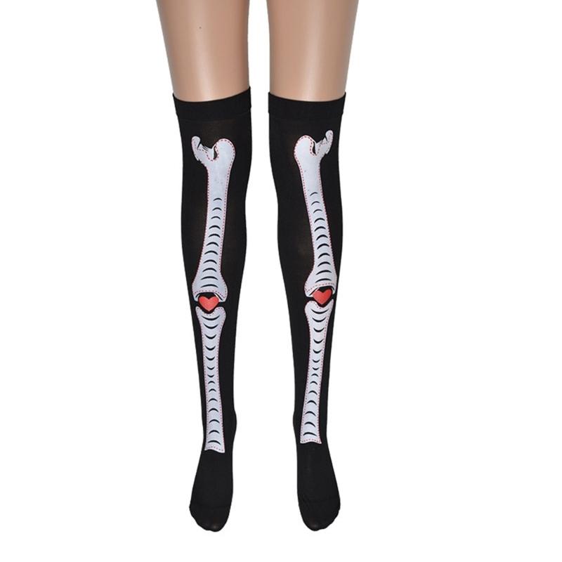 Gothic Style Long Socks Halloween Theme Stockings Spooky Pattern Print Over Knee Length Hosiery for Women Girls Cosplay