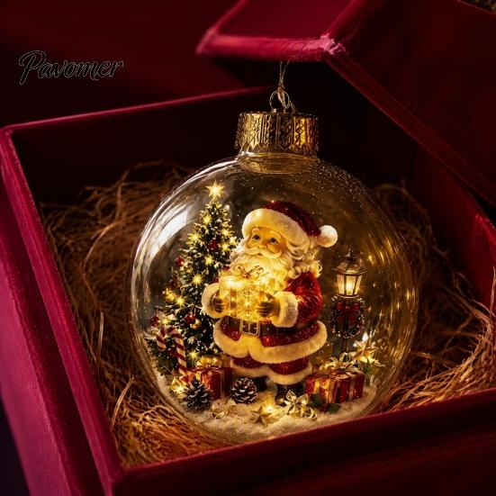 Illuminated Hanging Spheres Lighted Christmas Ornament with Warm LED Lights, Retro Metal Cap Decorative Decor for Tree Transparent Ball Holiday