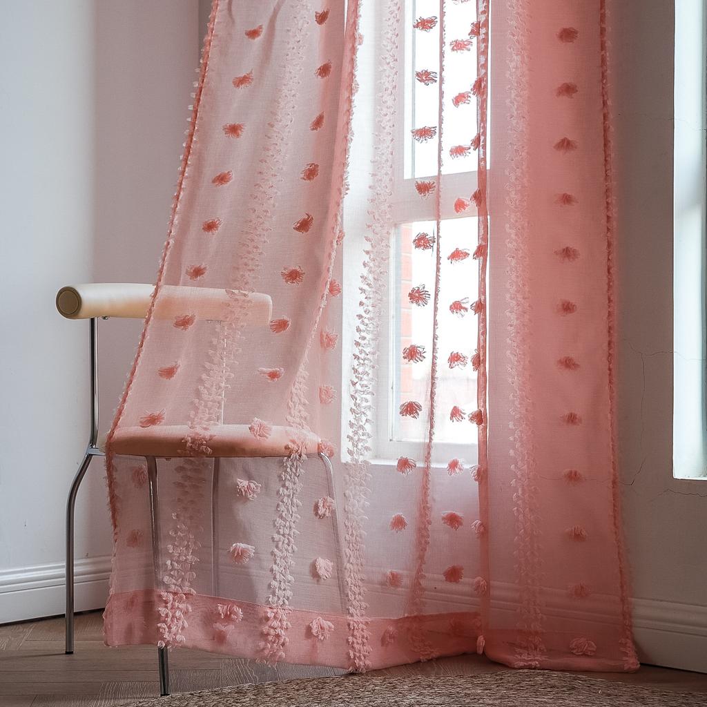 Finished Curtains Tufted Cursing Hair Ball Solid Color Pink Living Room Bay Window No Punching Through Rod Curtain