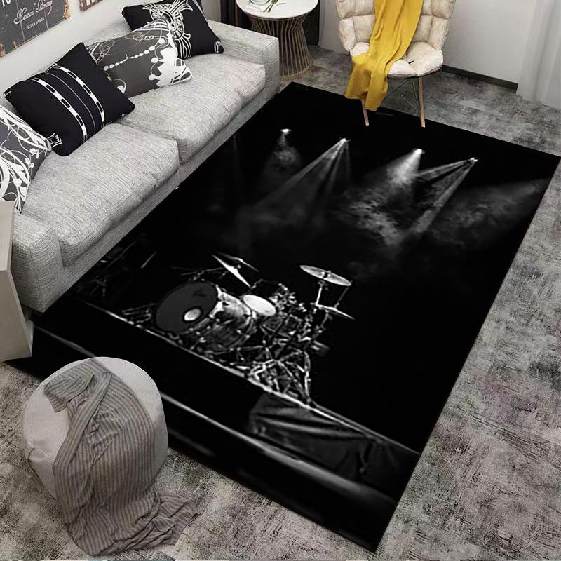 Black Carpet with Drum Set Pattern and Stage Lighting Design Suitable for Use As an Anti-slip for Living Room Bedroom Sofas