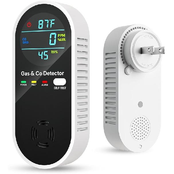 Carbon Monoxide Detectors & Natural Gas Detector, 4-in-1 Carbon Monoxide Detectors Plug in, Gas Leak Detector with Dual Alarms, Temperature & Black 1Pcs