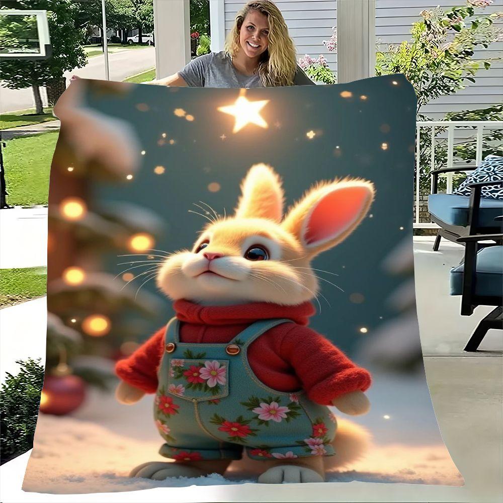 

Adorable Animated Bunny in Cozy Winter Scene Blanket - Soft Plush Throw Featuring Cute Light Brown Bunny in Red Sweater and Flor 30x40in