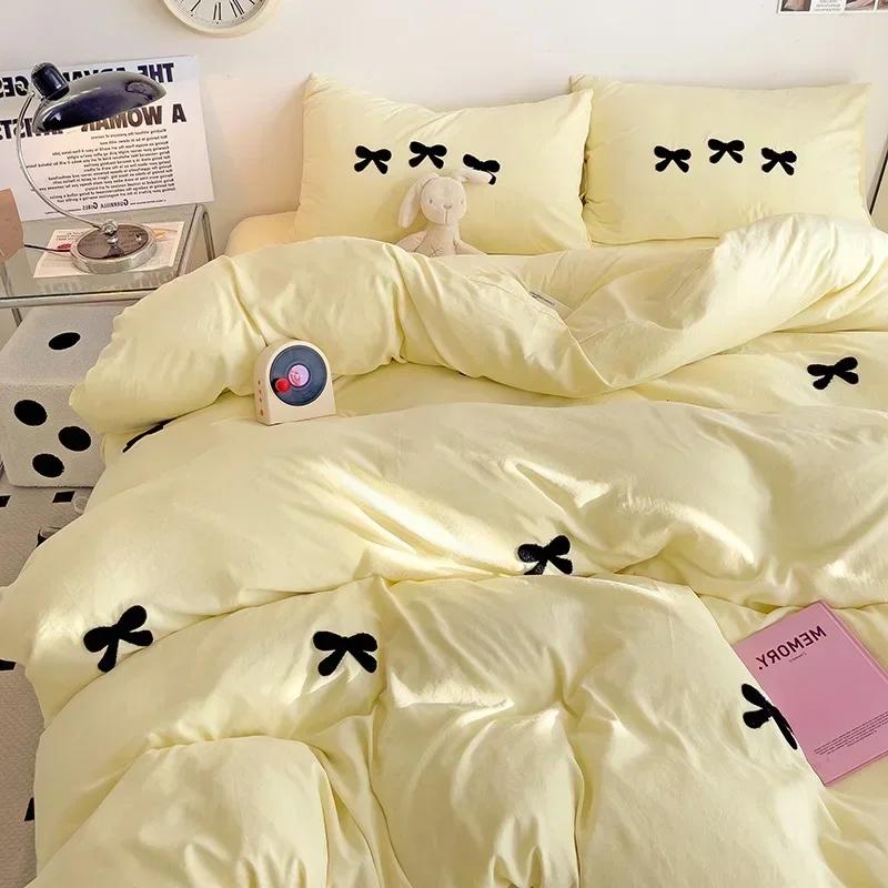 Růžový 3D vyšívaný set přikrývky s mašlí, Bavlněné růžové pohodlné měkké ložní prádlo, Vhodné pro ložní prádlo do pokoje pro dívky, děti a teenagery