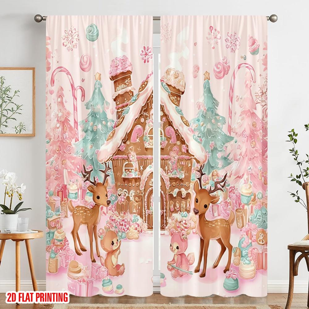 2pcs,2D Plane Printing Contemporary Curtains Gingerbread House Polyester (without Rod) Decorations Inside Perfect for Living